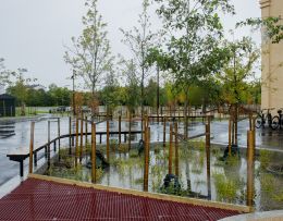 Pausenhof der Schwammstadt-Schule bei Regen mit gefüllten Regenrückhaltebecken