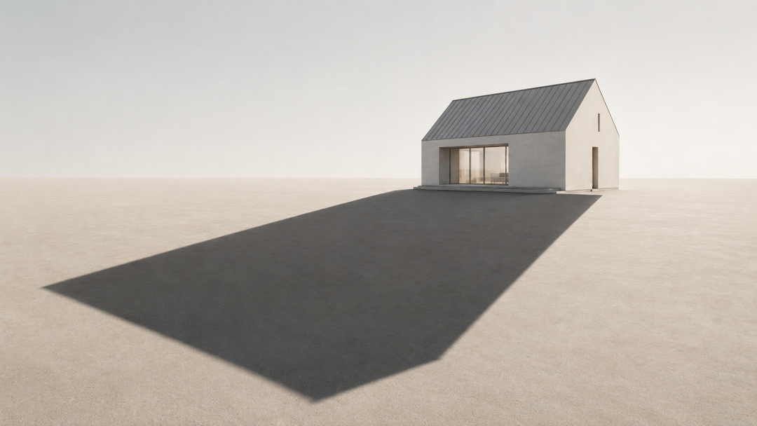 Ein graues Haus wirkt seinen Schatten