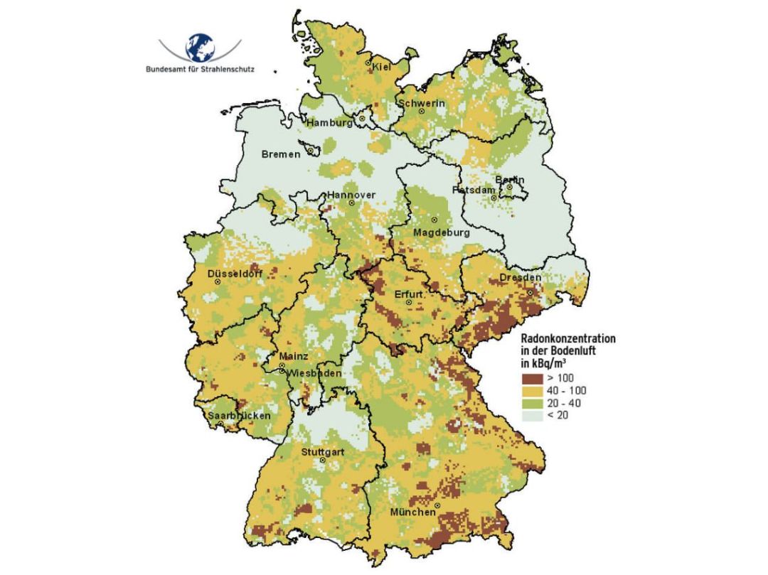 Radonkarte des BfS: Konzentration von Radon in der Bodenluft in Deutschland