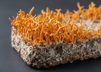 Eine Nahaufnahme von Cordyceps-Pilzen, die auf einem Substratblock kultiviert werden – zu sehen sind die leuchtend orangefarbenen Fruchtkörper und das darunterliegende Myzel.