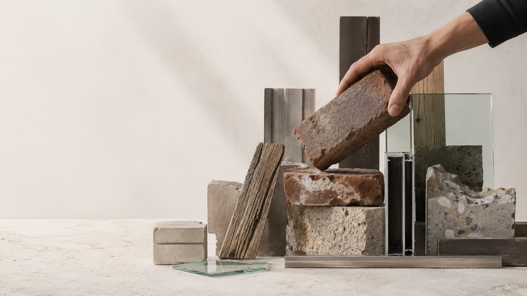 arrangierte wiederverwendete Baustoffe auf neutralem Hintergrund, alte Ziegel, Holzstücke, Glas, Metallprofile und Betonbruch. eine Hand hält prüfend einen alten Ziegel