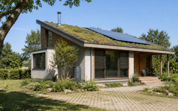 Wohnhauses im Grünen mit begrüntem Dach und Solarpaneelen, teils Jalousien, Bäumen.