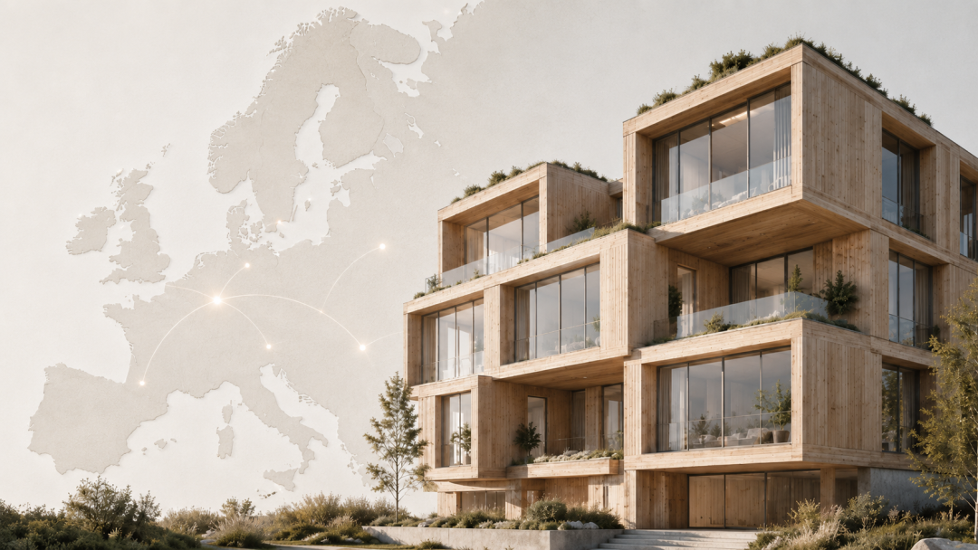 Holzhaus in Modulbauweise, im Hintergrund sieht man eine Europakarte