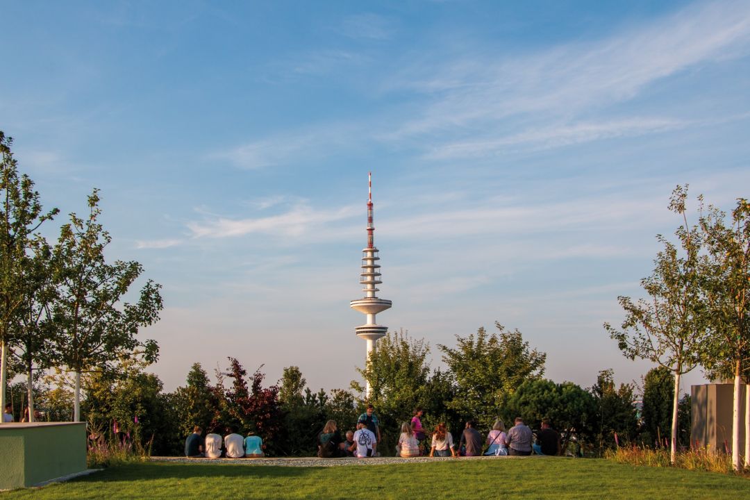 Menschen sitzen auf einer Wiese mit einem Fernsehturm und Bäumen im Hintergrund.