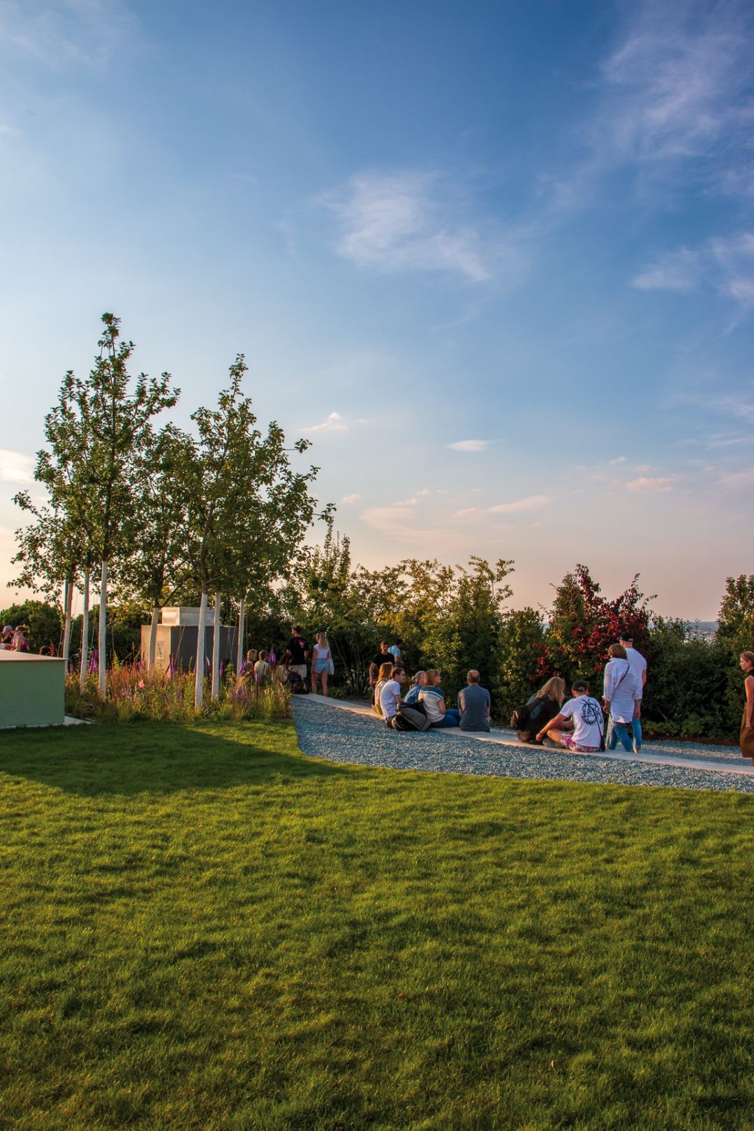 Eine Gruppe von Menschen sitzt in einem Park, umgeben von Bäumen und unter einem blauen Himmel.