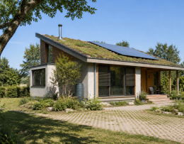 Wohnhauses im Grünen mit begrüntem Dach und Solarpaneelen, teils Jalousien, Bäumen.