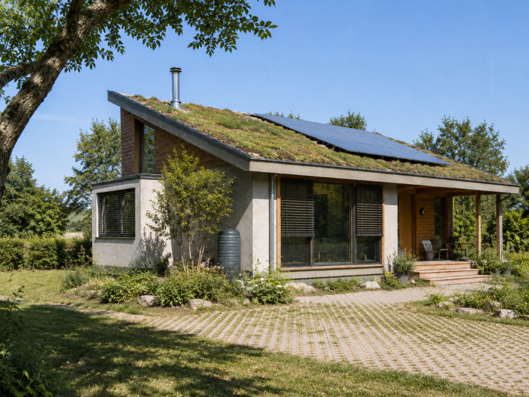 Wohnhauses im Grünen mit begrüntem Dach und Solarpaneelen, teils Jalousien, Bäumen.