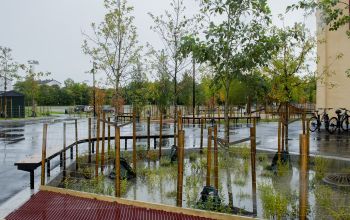 Pausenhof der Schwammstadt-Schule bei Regen mit gefüllten Regenrückhaltebecken