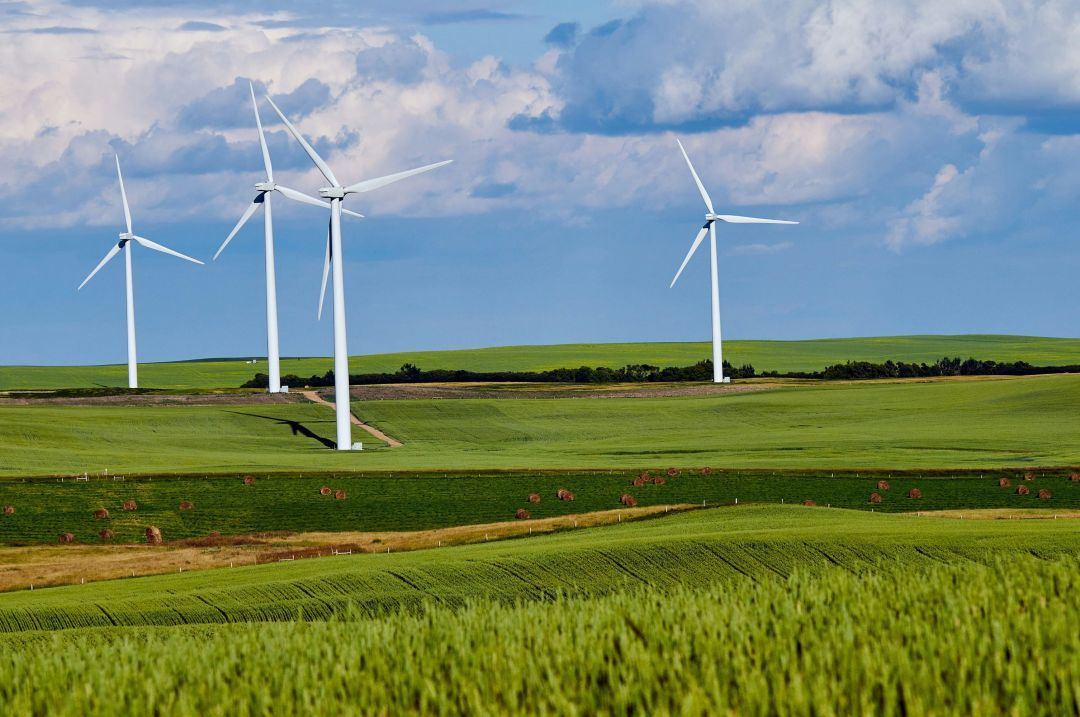 Windkraftanlagen in einer grünen Landschaft