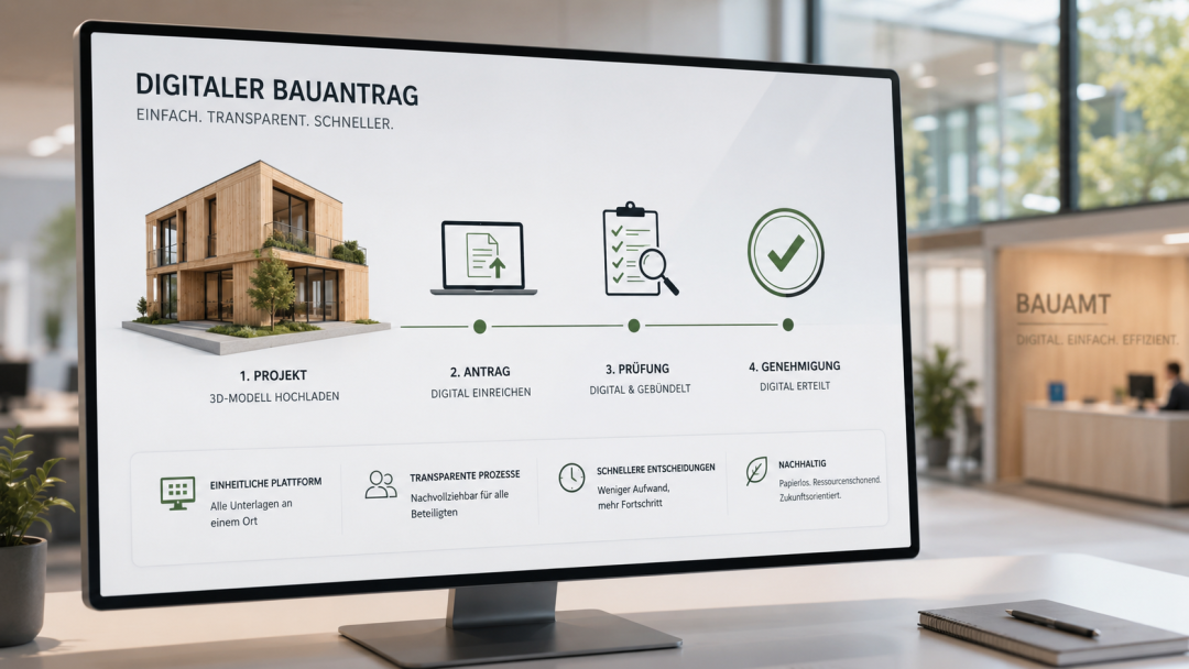 Computerbildschirm zeigt den einfachen Weg eines digitalen Bauantrags, der online eingereicht werden kann, im Hintergrund ist ein Bauamt zu sehen